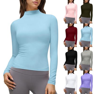 T-shirt moulant extensible à manches longues et col montant pour femme, pull doux et léger, haut de base à superposer pour le quotidien, le yoga, le sport