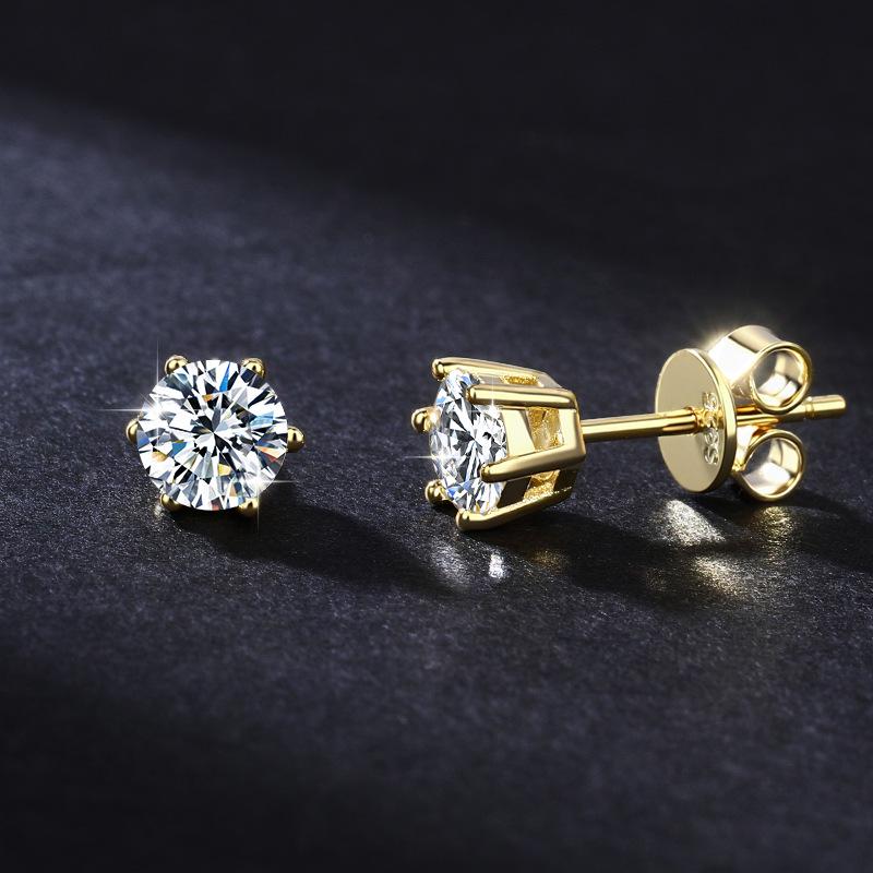 Classic Six-Prong Moissanite Stud Earrings in 925 Sterling Silver for Men and Women - High-End European and American Style