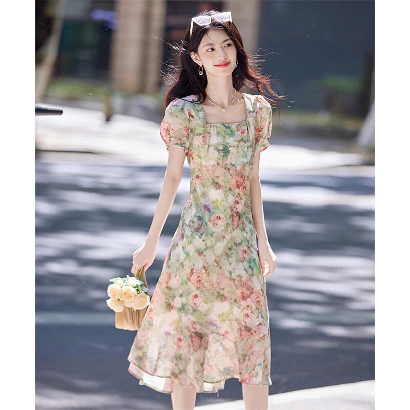 Women's Summer Floral Puff Sleeve Square Neck A-line Dress