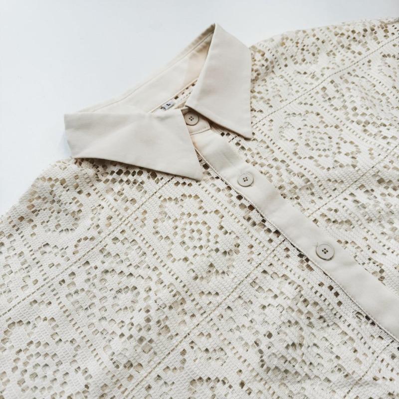 Móda Vintage Elegantní Vyšívané Krajkové Košile Dámské Dlouhý Rukáv Volné Ležérní Dámské Halenky Léto Jednobarevné Zapínání na Knoflíky Košile Topy Dámské Oblečení 26263