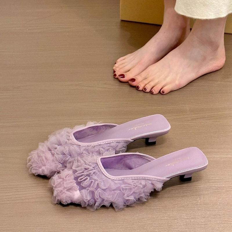 Mesh Women's Mules Slippers and Ladies Sandals Black Square Head Shoes Comfortable Elegan Korea Style Casual 2025 Trend Slides
