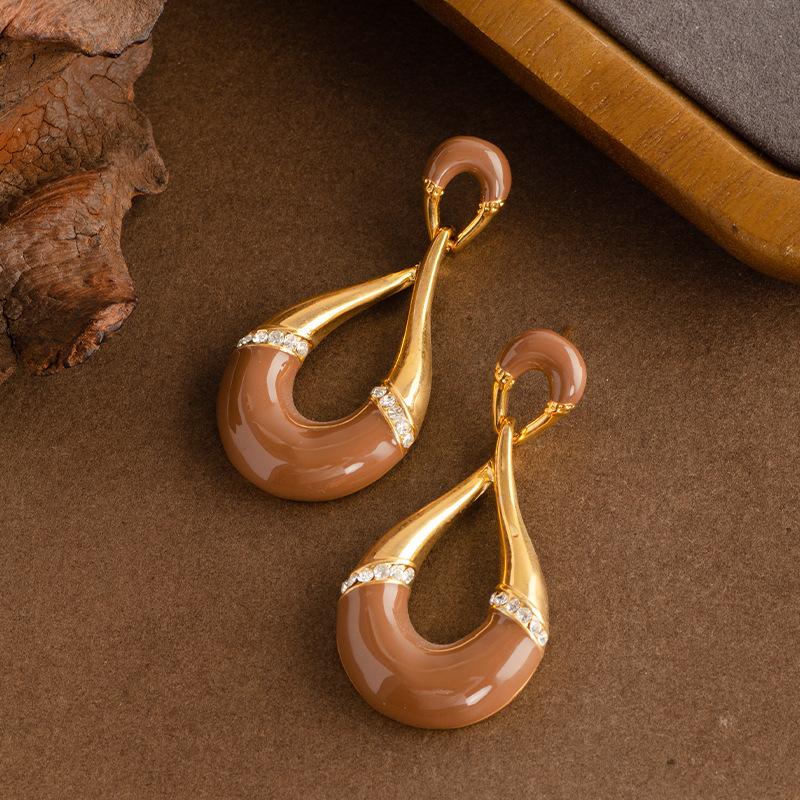 

French retro elegant antique enamel oil drip diamond water drop earrings, light luxury temperament high-end earrings