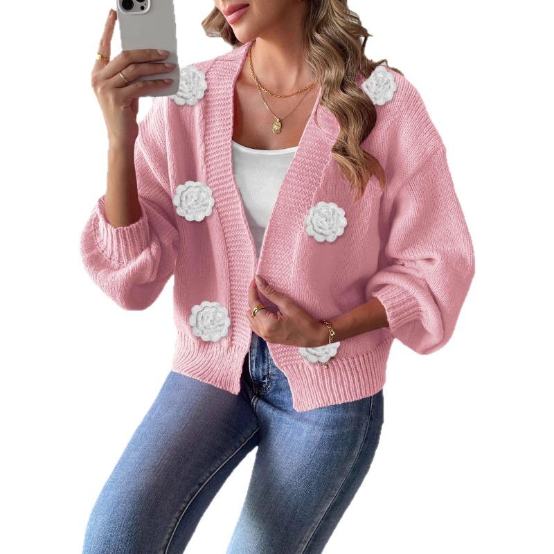 

Женский кардиган Осень и Зима Новый Трехмерный Свитер с Вязанием Крючком Вручную и Декоративная Трехмерная Куртка S розовый