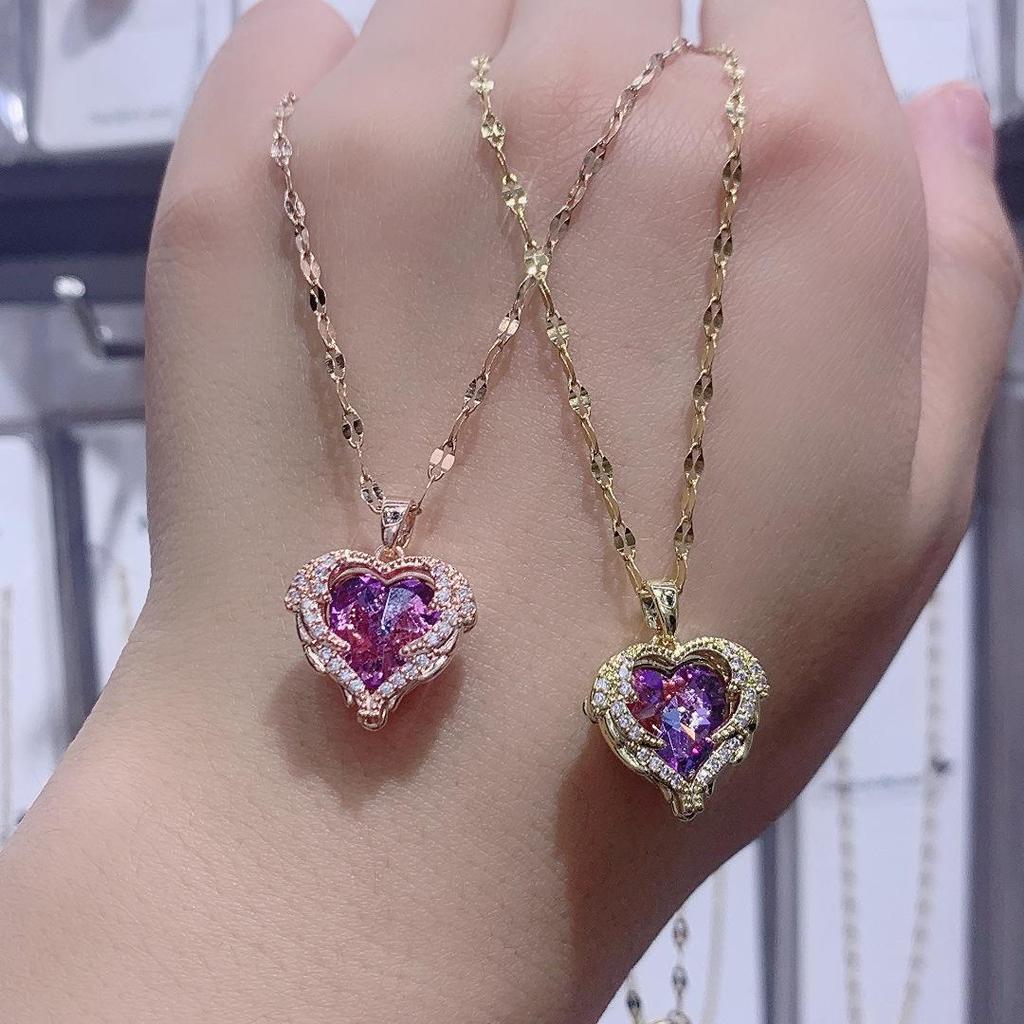 Korean Heart of the Ocean Necklace: Colorful Crystal Pendant, 18K Gold-Plated Titanium Steel, Light Luxury Clavicle Chain