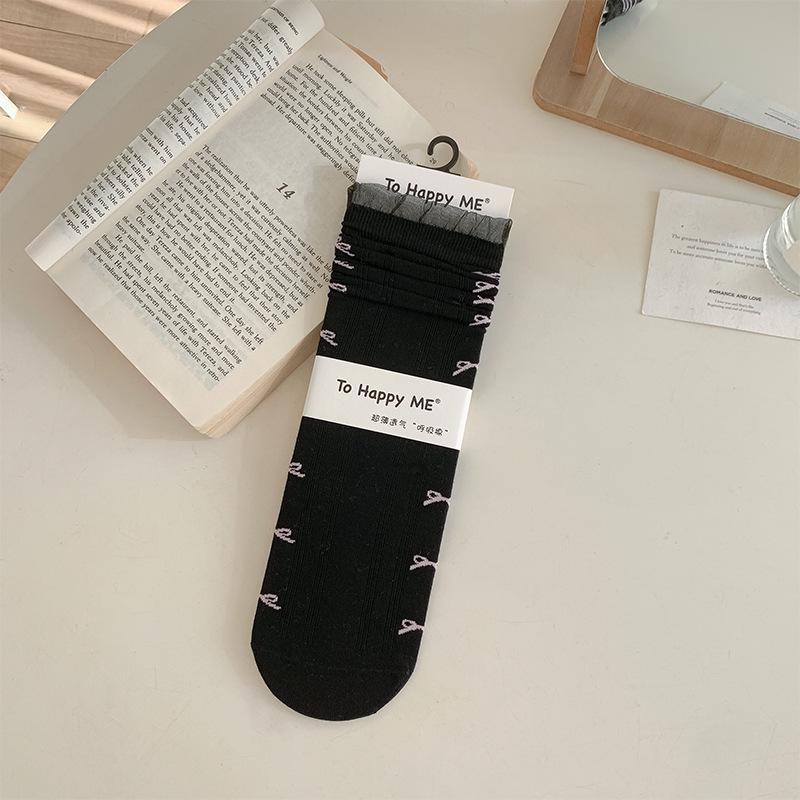 Women's Spring & Summer Korean-Style Floral Lace Trim Slouch Socks - Mid-Calf, Seamless, Thin
