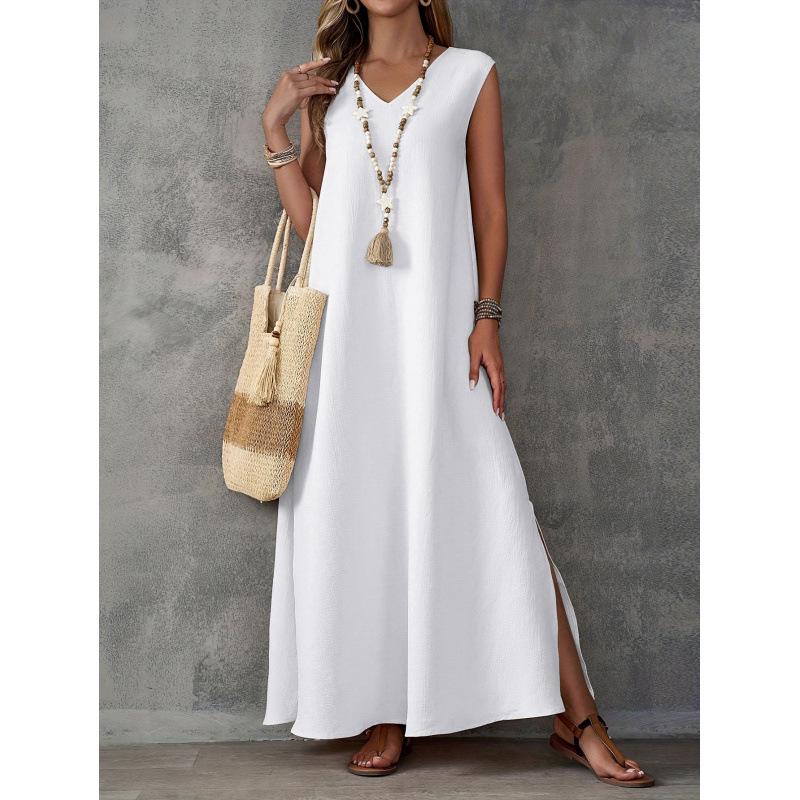 

2025 Summer Sleeveless V-Neck Side Slit Maxi Dress - Elegant European & American Style Women s Fashion White [In Stock]