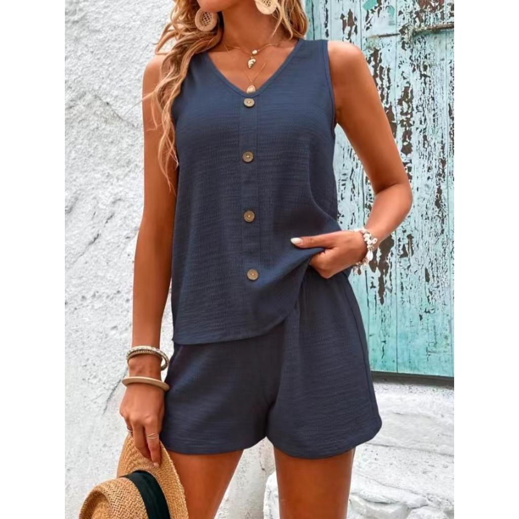 Dvoudílný set, Mírně pružná látka Top s výstřihem do V s detaily falešných knoflíků, Top bez rukávů a šortky, Ležérní dovolená.
