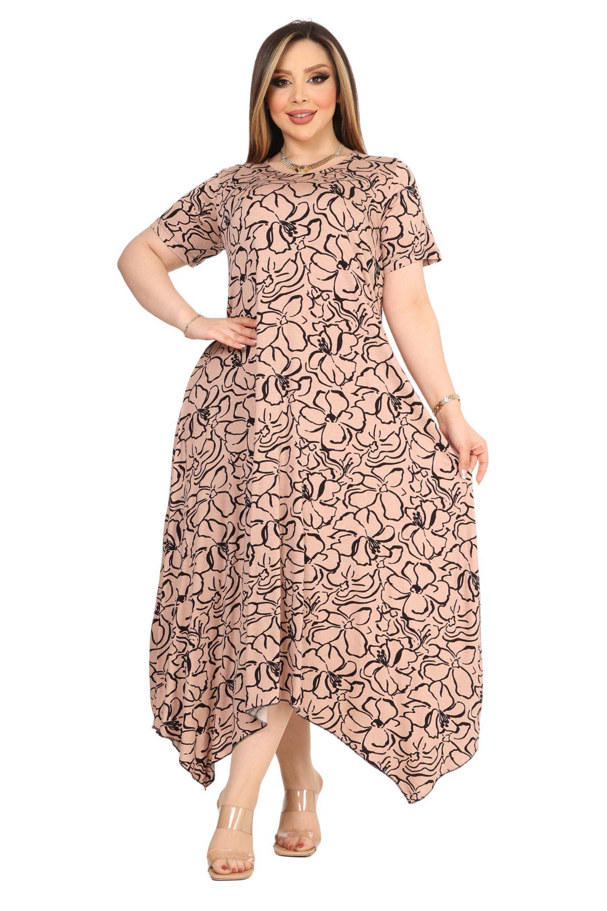 

Женское платье большого размера с лососевым цветочным узором, асимметричное платье с короткими рукавами