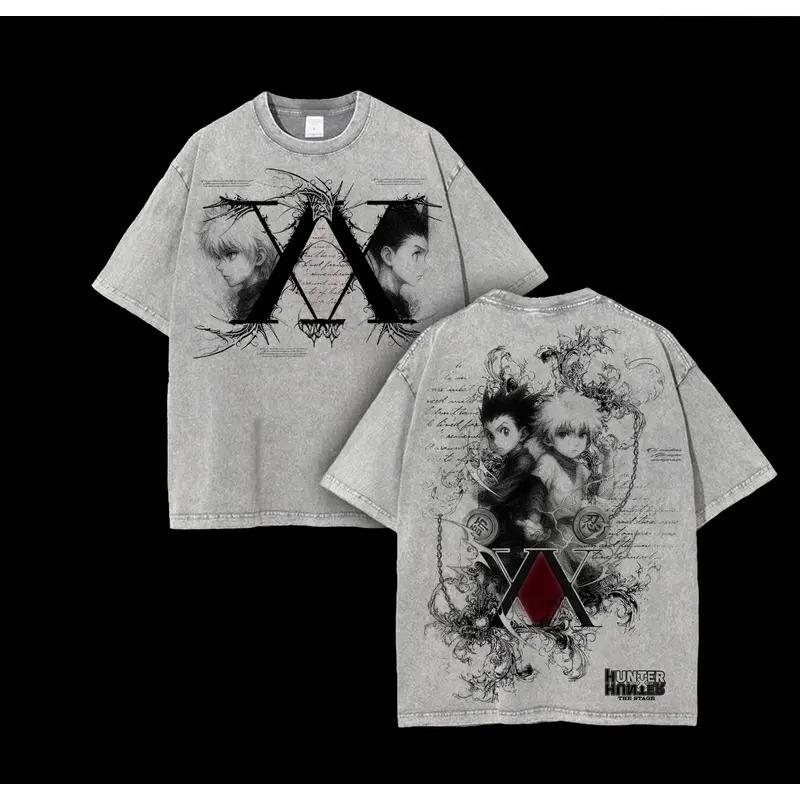 Anime Hunter x Hunter GON Killua Printed Tee Men Women Washed Cotton T-shirts Short Sleeve Vintage T Shirt Harajuku Male Tshirt