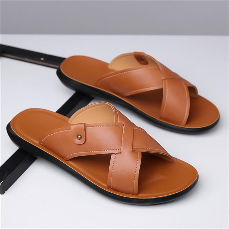 Summer Men Classic Lightweight One-line Slippers Men Anti-slip Pu Leather Casual Cool Slippers With Soft Beach Vacation Shoes