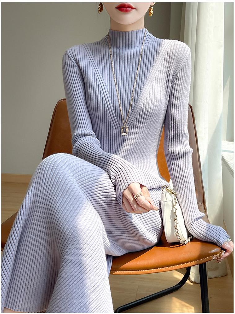 New Autumn/Winter Slimming Knit Dress for Women - Half-High Neck, Figure-Flattering, Long Length Bodycon Skirt