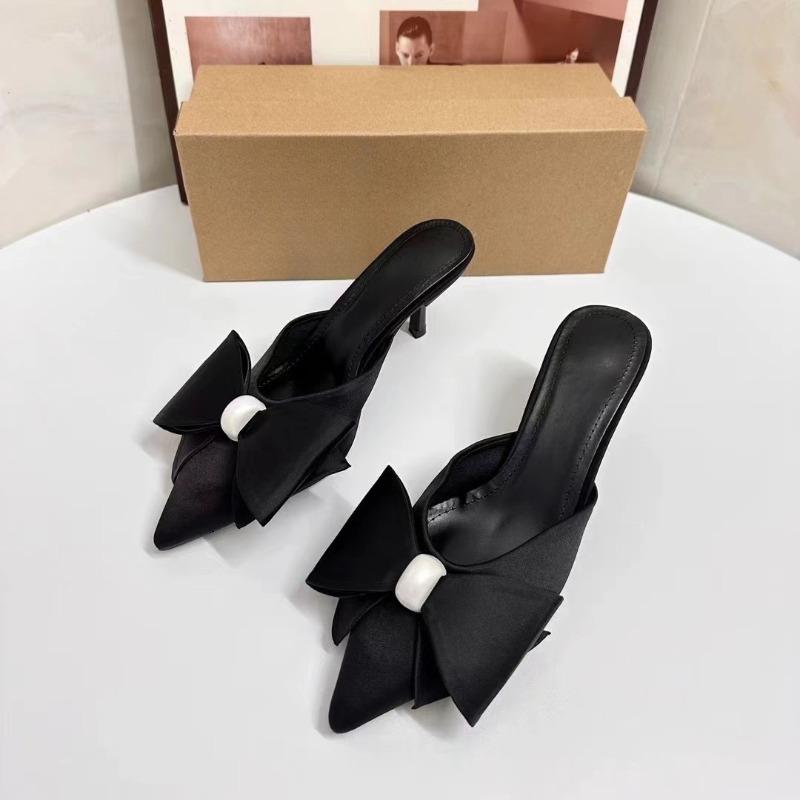 Women's Shoes with Artificial Pearl Decoration, Black Large Bow, Empty Pointed Toe, High-heeled Women's Sandals