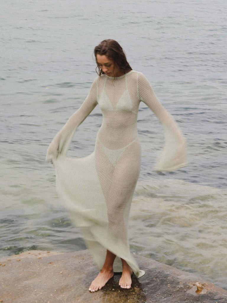 European & American Women's Summer Knitted Backless Long-Sleeve See-Through Floor-Length Dress
