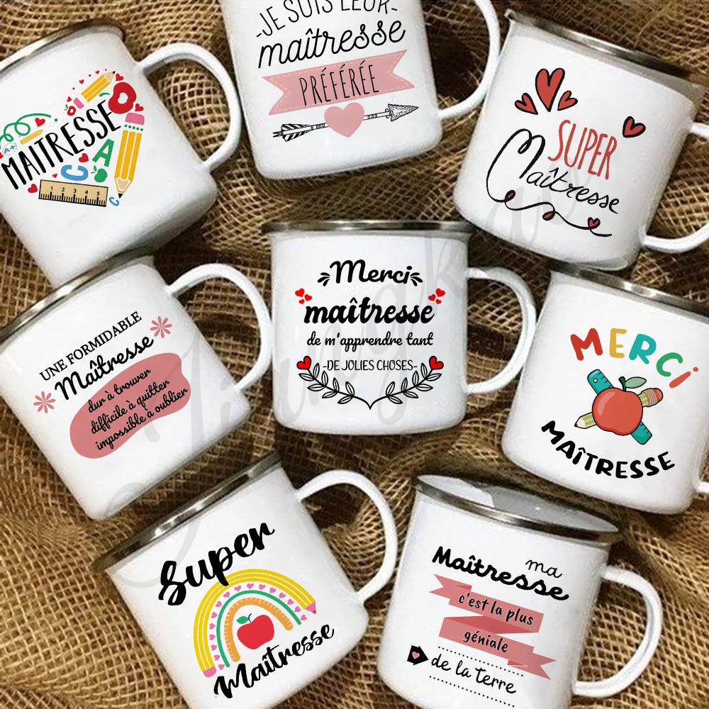 Merci Maitresse French Printed Mug Creative Coffee Cup Drinks Enamel Cup Handle Drinkware Teacher's Day Thanks Gift for Teacher
