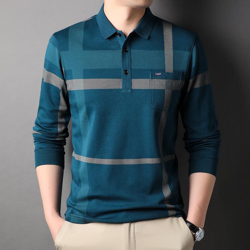 Primavera e Autunno Nuova Polo Casual a Maniche Lunghe con Risvolto da Uomo T-Shirt da Uomo in Cotone Lavato con Taschino Vero