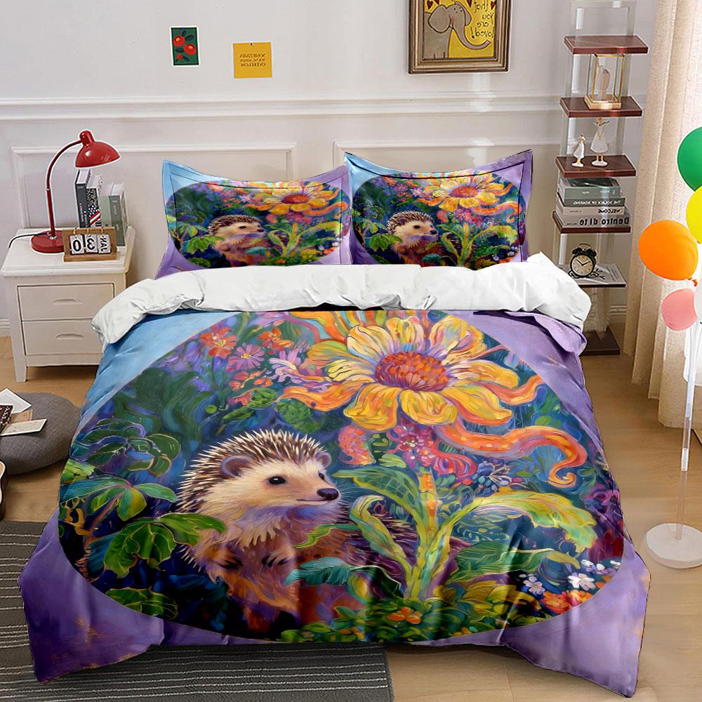 Floral Hedgehog Art Set Soft Comfortable Duvet Cover Bedding Set Included 1*Duvet Cover & 2*Pillowcases, Gift