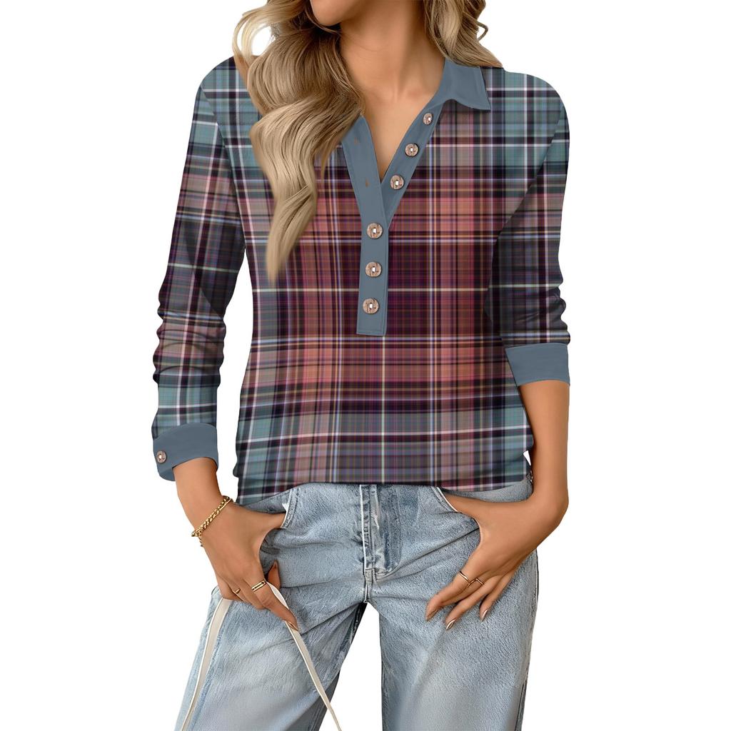 Women's Retro Street Lazy V,neck Long Sleeve Button Plaid Print Pullover Top