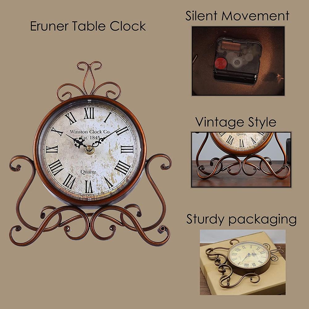 A20F-Vintage Table Clock Antique Mantel Clock Battery Operated Non-Ticking Retro Clock Small Desk Clock For Home