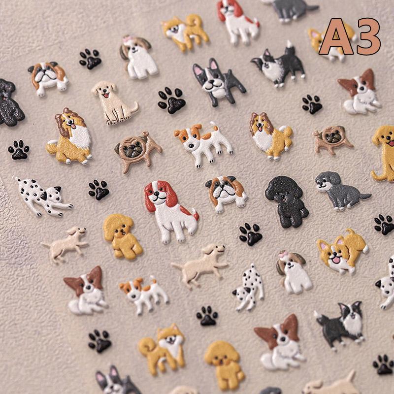 5D Embossed Cute Cartoon Cat Dog Design Nail Art Sticker Decals Self Adhesive Supplies For Women And Girls