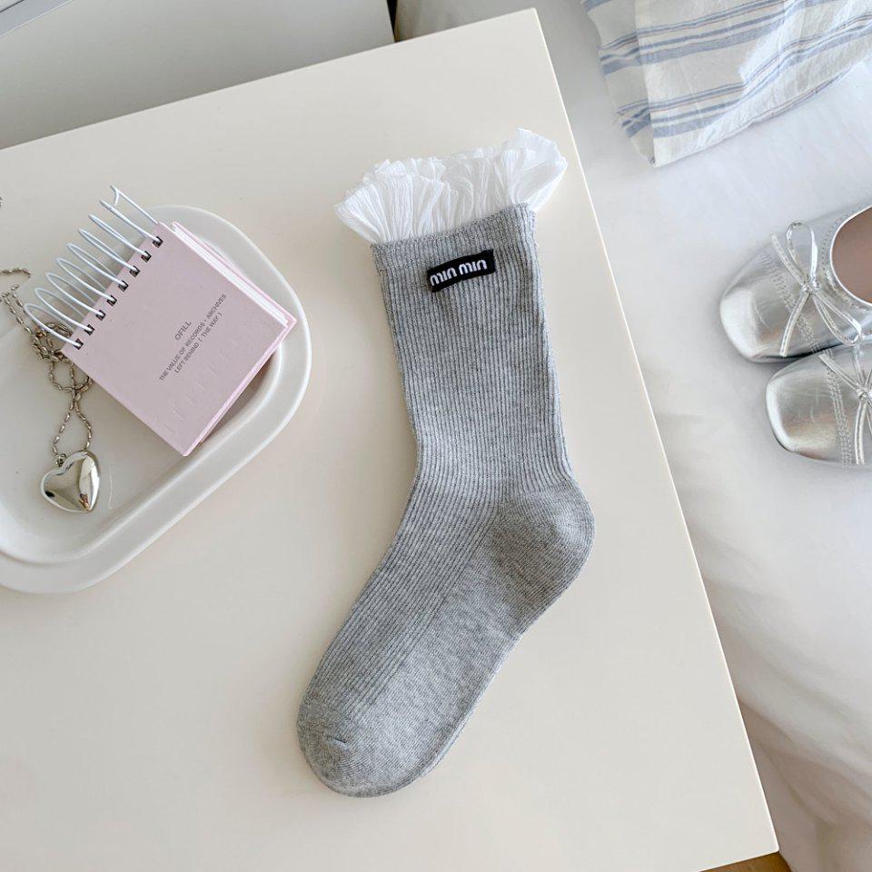 

Мэри Джейн Носки женские с двойной иглой в корейском стиле, с белым кружевом и оборками, с тканевой этикеткой с надписью в стиле Miu One Size