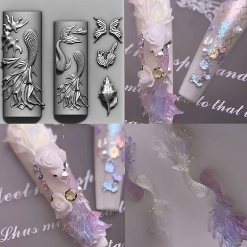 Nail Art Soft Silicone Mold Jellyfish Fishtail Molds 3D Silicone Carved Ocean Style Diy Nail Design Template Nail Accessories