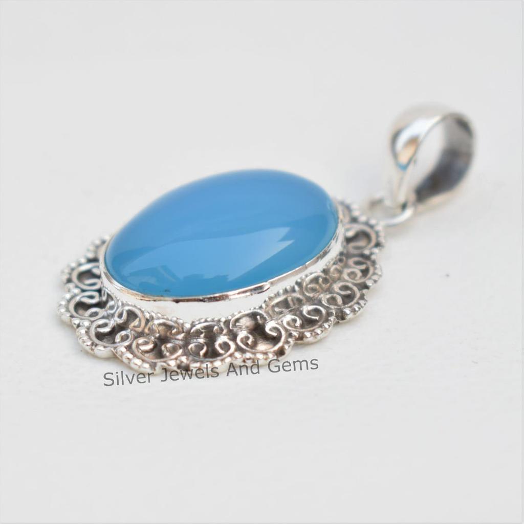 Blue Chalcedony Pendant, Boho Pendant, 925 Sterling Silver Oval Pendant, Sagittarius Birthstone, Gift For Her, Handmade Pendant