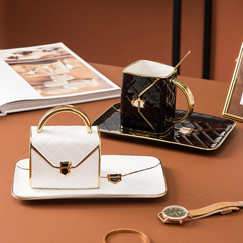 Gift coffee cup and saucer set ceramic Creative bag shape snack coffee cup set Business gift mug, gold-painted ceramic mug