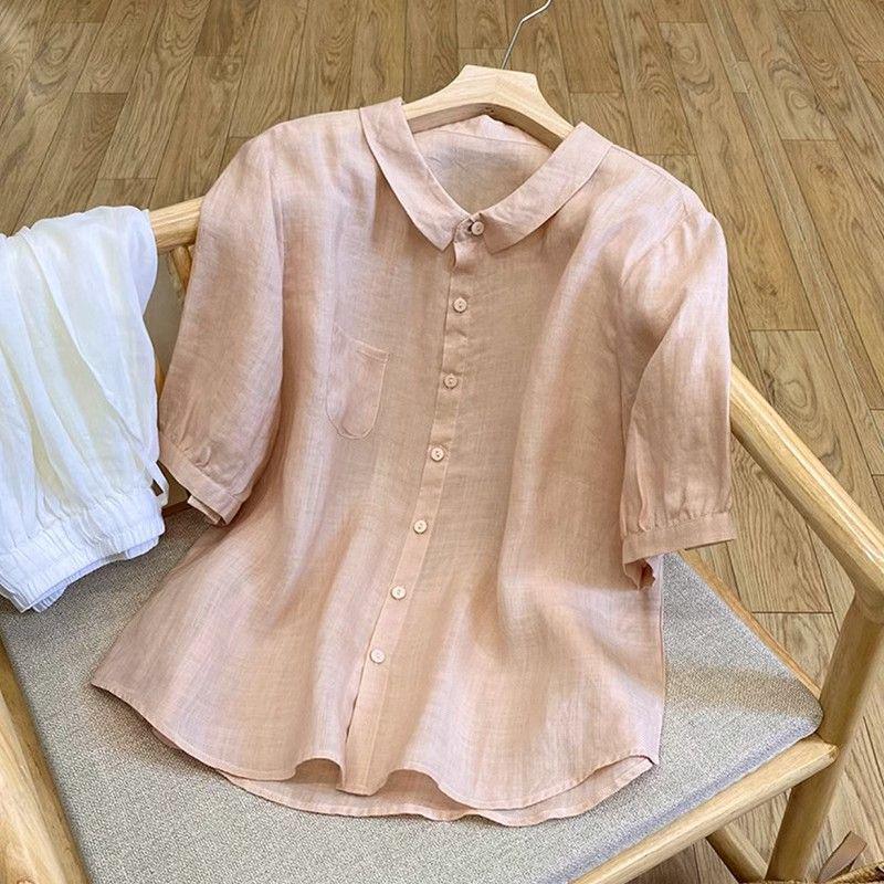 Summer Retro Loose Cotton Linen Lapel Shirt - Women's Short Sleeve Solid Top