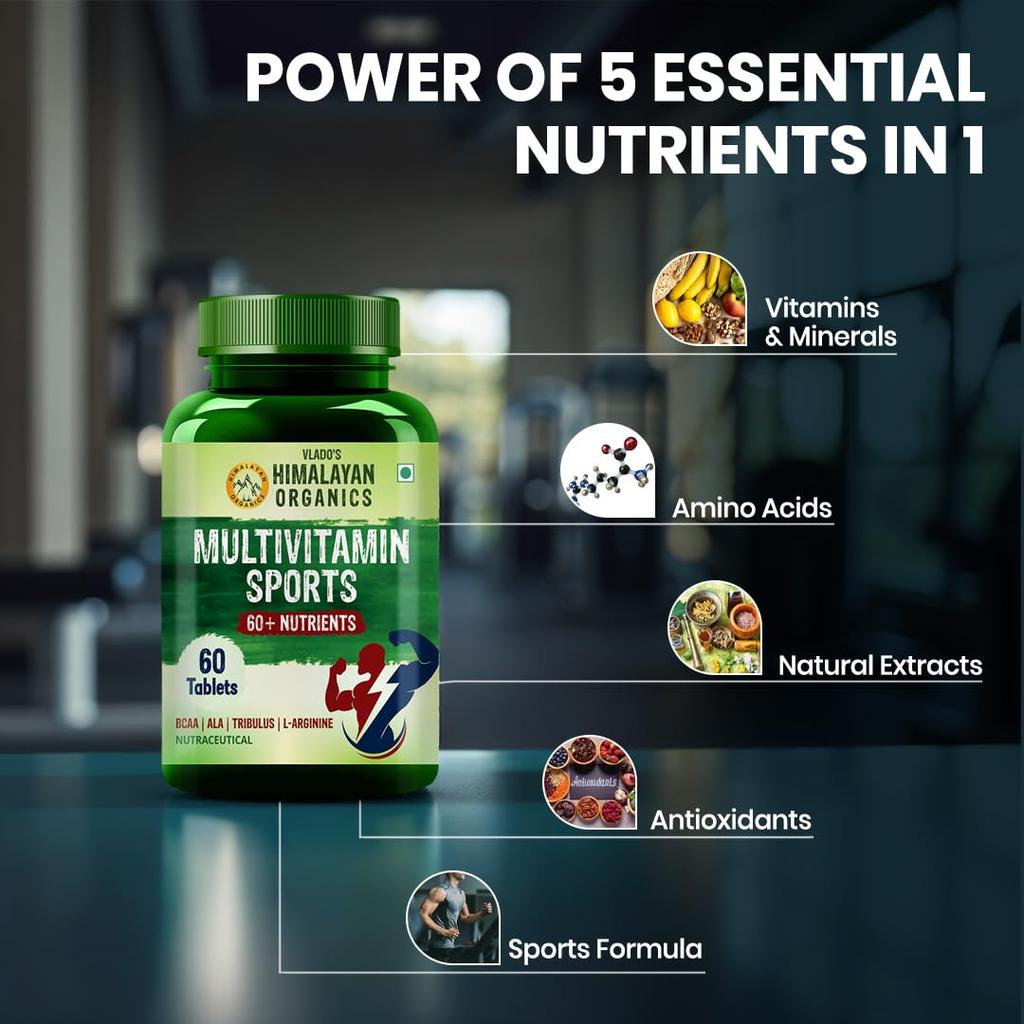 Vlados Himalayan Organics Multivitamin Sport Supplement 60 Veg-Tabletten für Gehirn, Augen, Muskeln, Gelenke