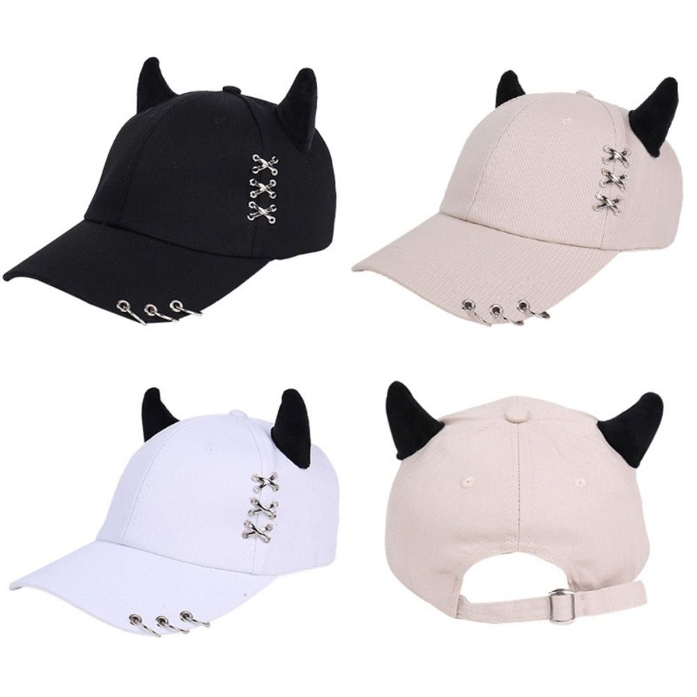 Korean Style Bull Horn Baseball Cap Punk Peaked Cap Sweet Cool Metal Ring Baseball Hat  Summer