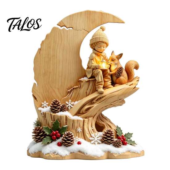Handcrafted Wooden Statues Fairy Tale Little Boy and Fox Figurine, Rustic Desktop Statue, Artistic Carved Christmas Gift Ideas Sculpture Ornament for