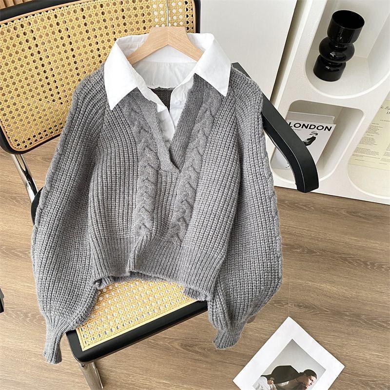 Fake Two-piece Sweater Autumn and Winter Women's Japanese Lazy Retro Design Sense Niche Collar Twist Knit Sweater Top