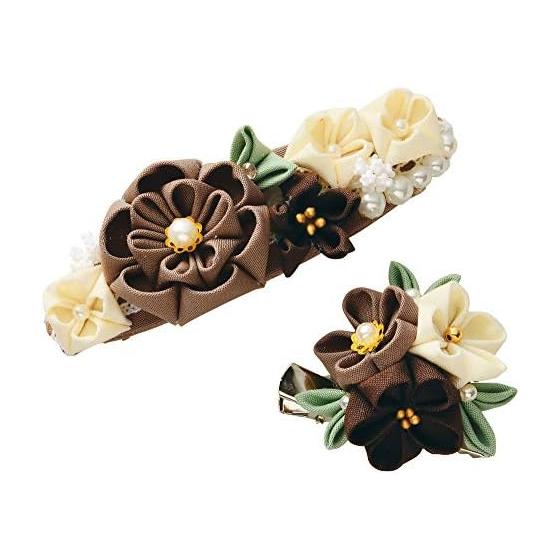 Takagi Textile Panami Craft Kit: Everyday Tsumami Zaiku with Cotton Fabric - Chocolate Barrette & Brooch Set (LH-449)