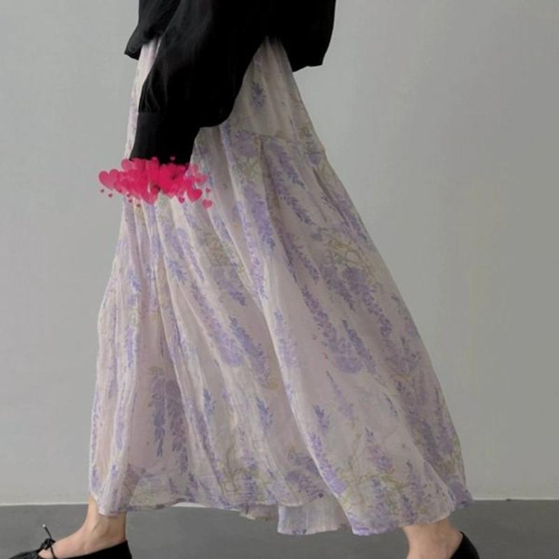Women's French Vintage Purple Floral Midi Skirt - High-Waist A-Line Silhouette for Summer Elegance & Slimming Fit
