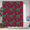 Modern Floral Shower Curtain Water-resistant Fabric Decorative Bath Set In Bold Red Flowers Green Leaves On Black Background (48