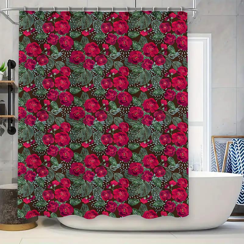 

Modern Floral Shower Curtain Water-Resistant Fabric Decorative Bath Set In Bold Red Flowers Green Leaves On Black Background (48 W60H190(CM)-1 Pcs