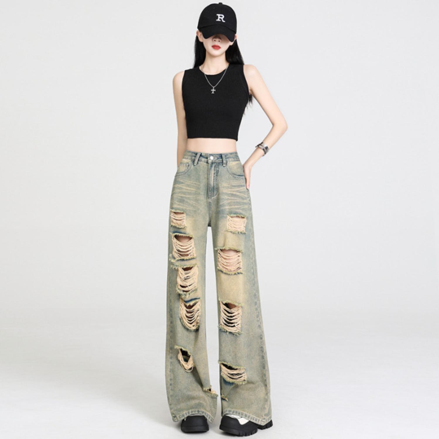 Women s High Waist Ripped Wide Leg Jeans Casual Denim Pants Baggy Trousers Bottom XS