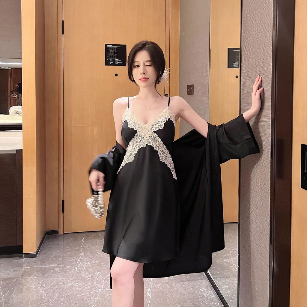 Sexy pajamas women's ice silk summer lace with chest pad suspender nightdress two-piece nightgown loungewear can be worn outside