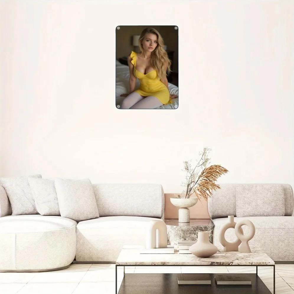 Vintage Metallschild Retro Gelbes Mädchenkleid Vorgebohrt 8x12 Zoll Heimbar Café Außen Dekoration