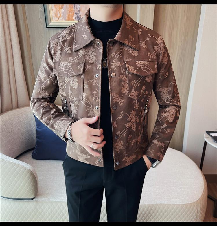Autumn new trendy brand locomotive flower men's PU leather jacket jacket zipper lapel top pocket zipper