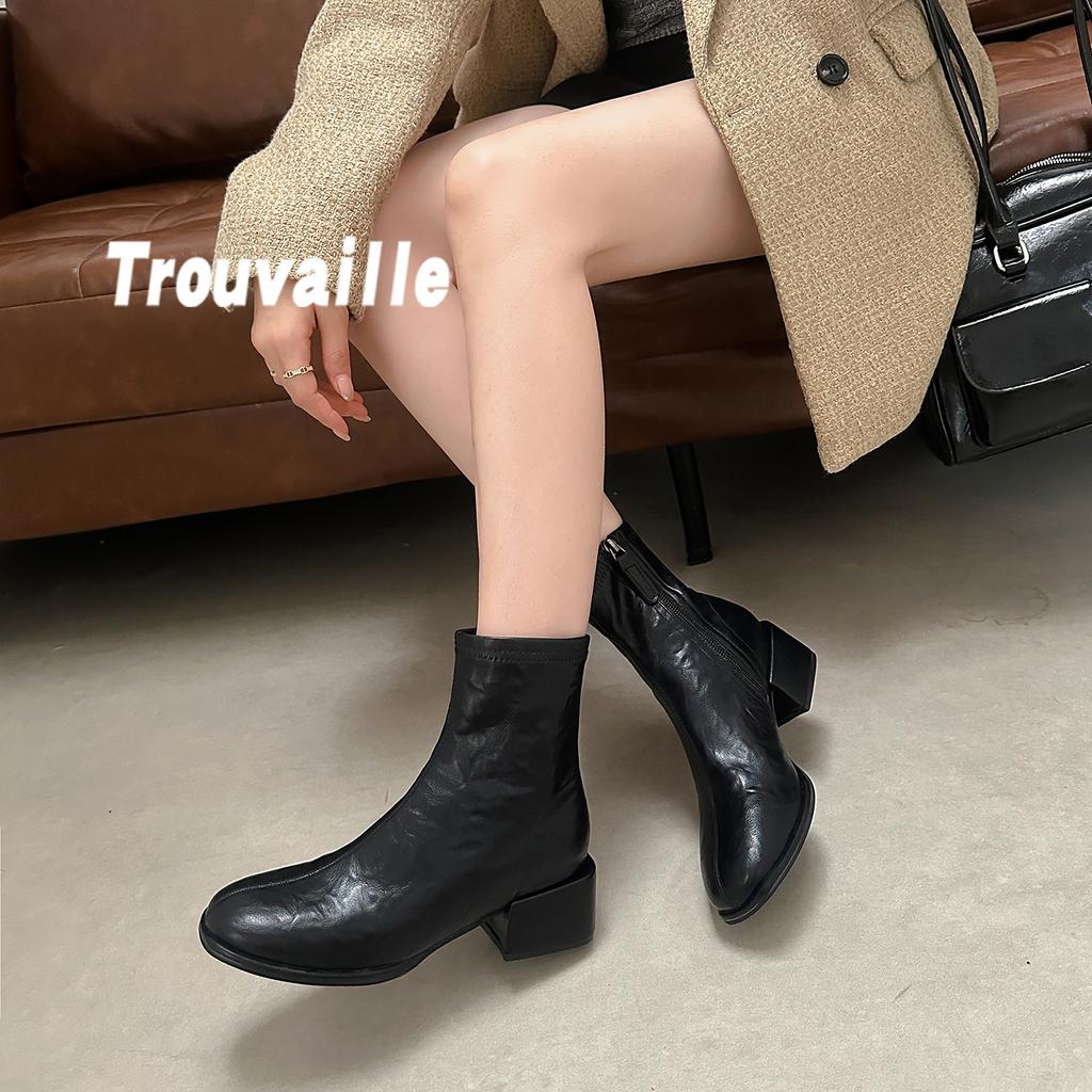 Cowhide Version French Square Head Leather Thick Heel Short Boots Small Ankle Boots Women's Autumn and Winter New Medium and High Heel Elastic Thi