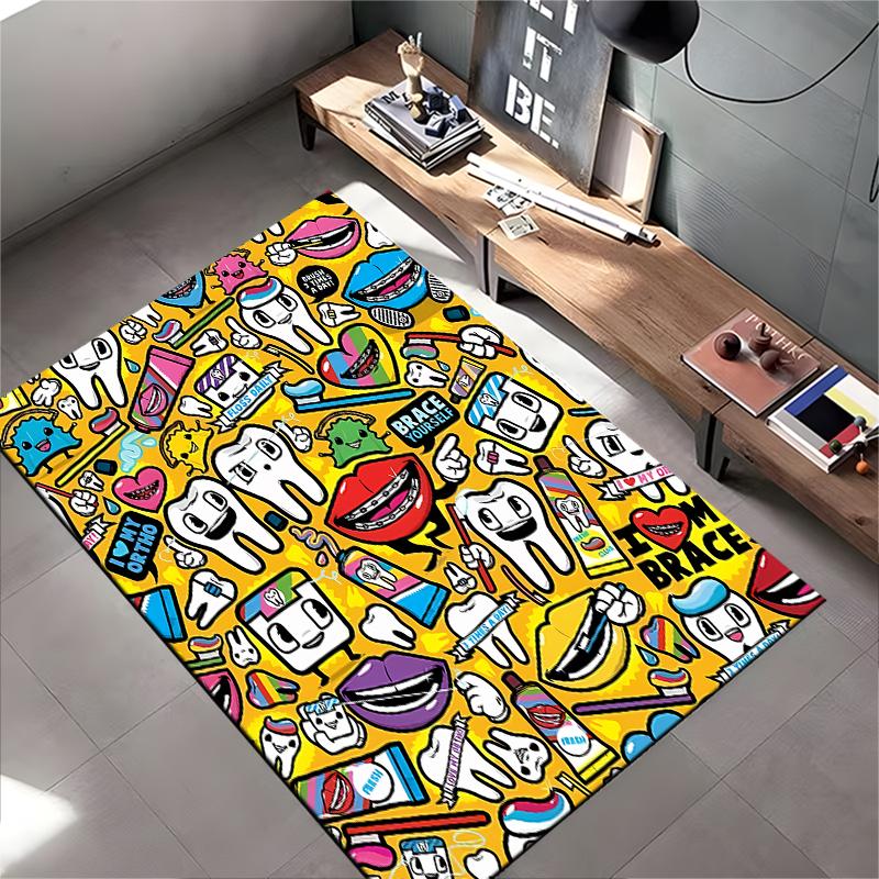 "Colorful Dental Icons with Cartoon Teeth Design. Non-slip Rug Suitable for Living Room and Bedroom Sofas."