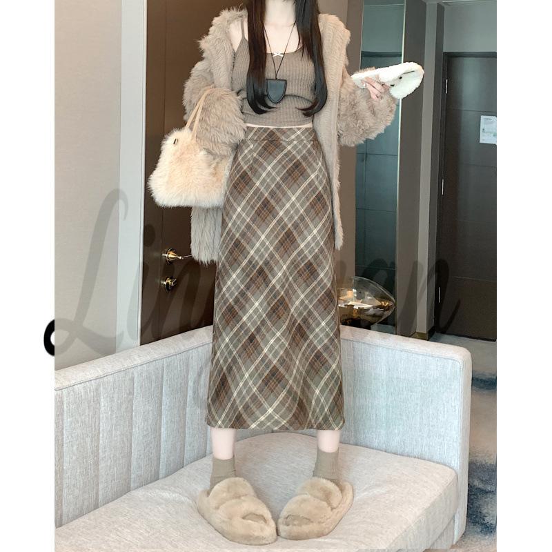Korean Retro Plaid High-Waist A-Line Midi Skirt - Autumn/Winter Women s Fashion S