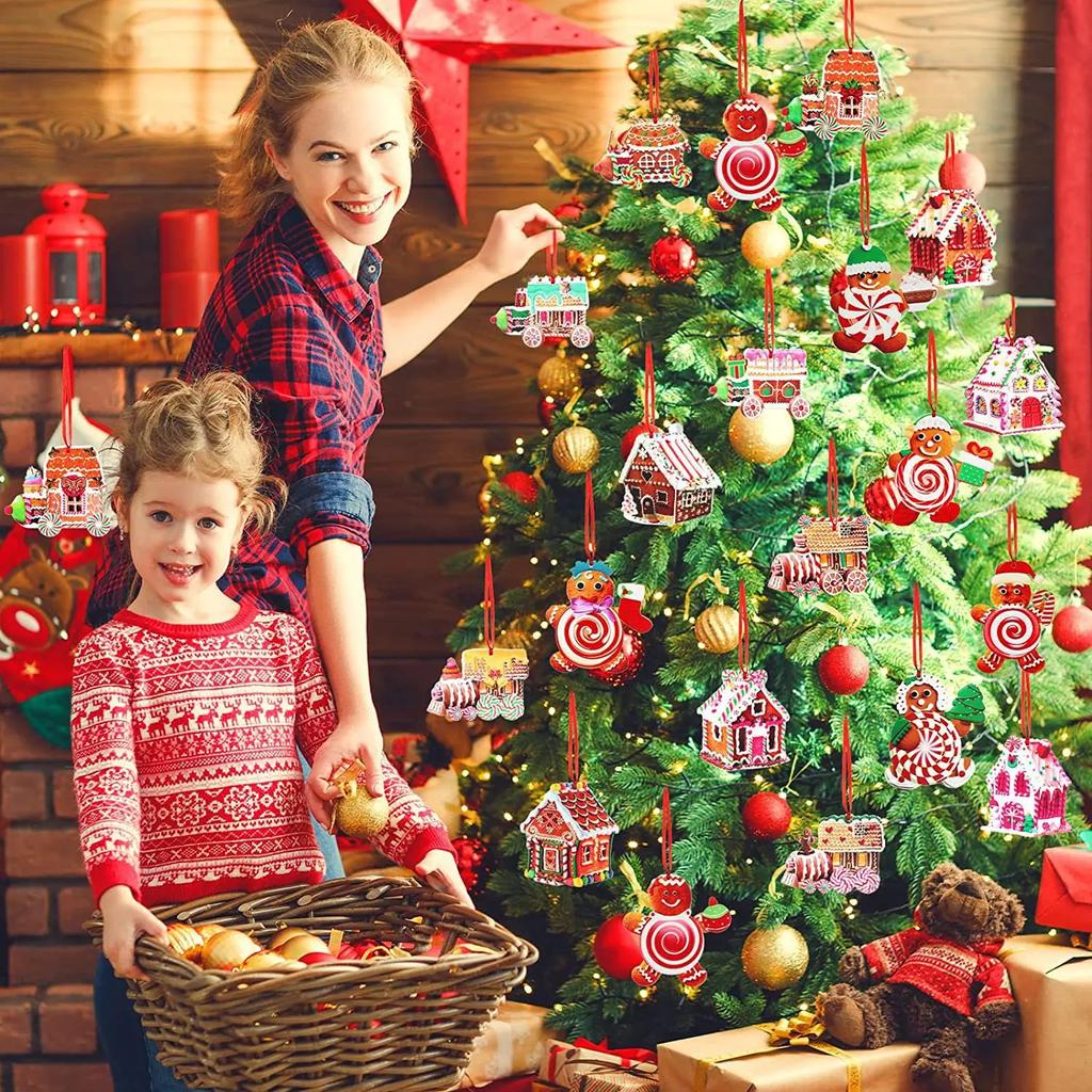 Weihnachtsdekorationen Holz Bunt Lebkuchenhaus Dekorationen Weihnachtsbaumschmuck Heimaufhänger Handgemachte Weihnachtssets
