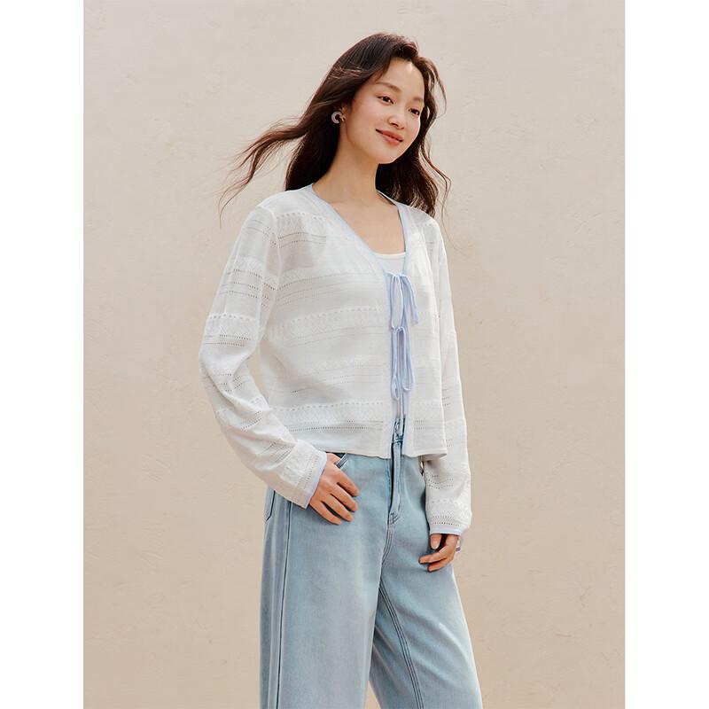INMAN Women's Striped V-neck Hollow-out Knit Cardigan