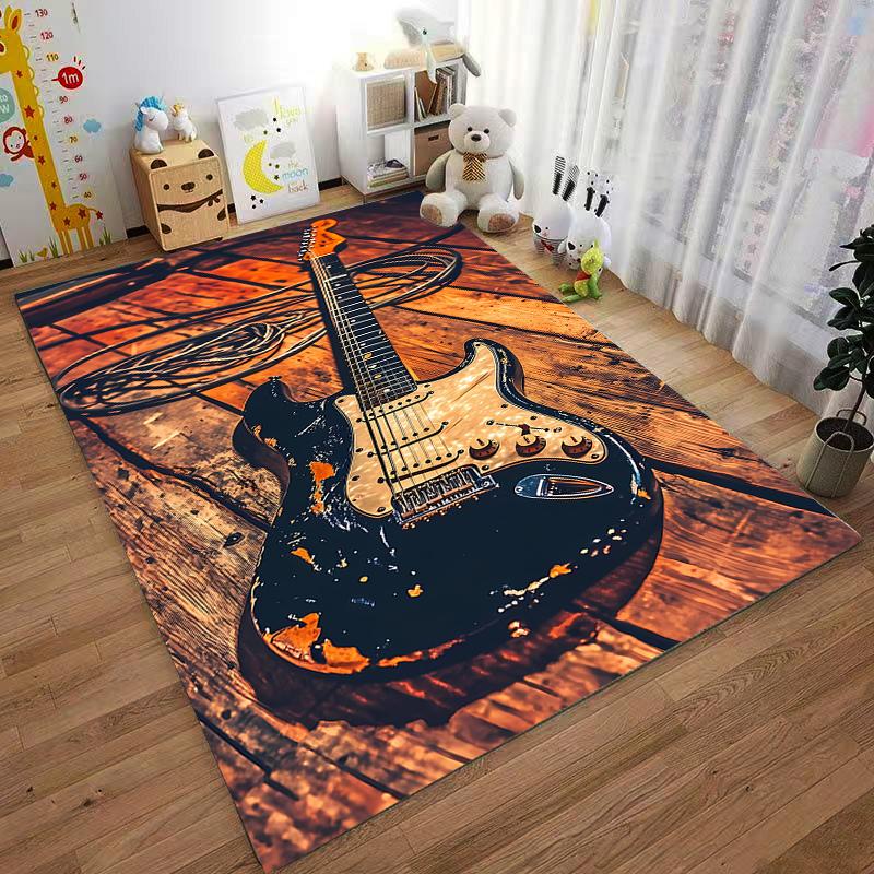 Electric Guitar Art Print Carpet with Rustic Wooden Background Design Suitable for Use As an Anti-slip for Living Room Bedroom Sofas