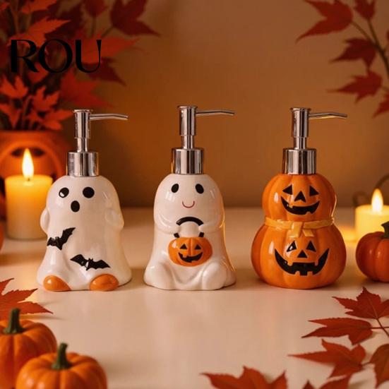 Empty Lotion Container Halloween Ceramic Ghost Soap Dispenser, with Stainless Steel Pump, Pumpkin Refillable Hand Bottle Liquid Container, Shower Gel