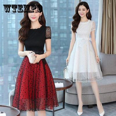 Vestido de Sol Sexy de Encaje Negro Rojo Blanco para Verano Hueco Cuello O Vestido de Fiesta Club para Mujer
