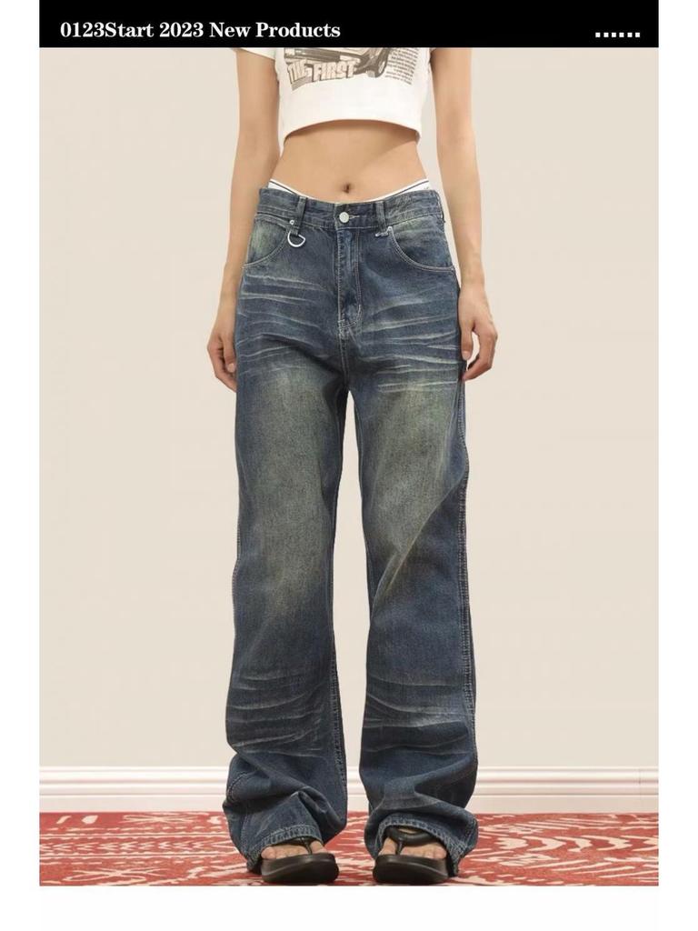 Unisex High-Street Retro Distressed Straight-Leg Jeans