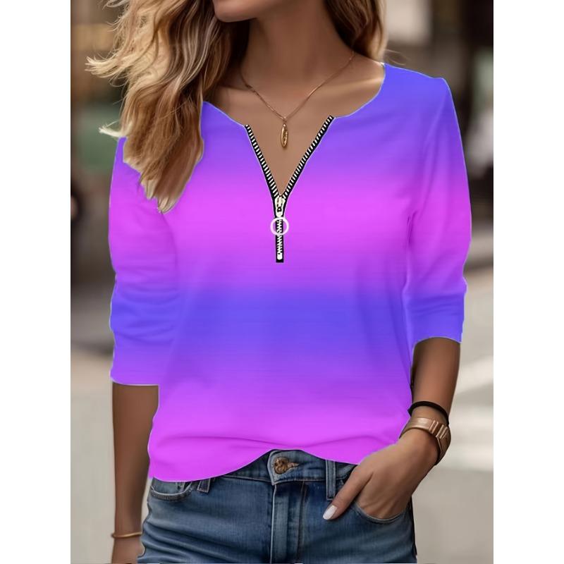 Women s New Gradient Print Casual Long Sleeve V-Neck Zipper T-Shirt S